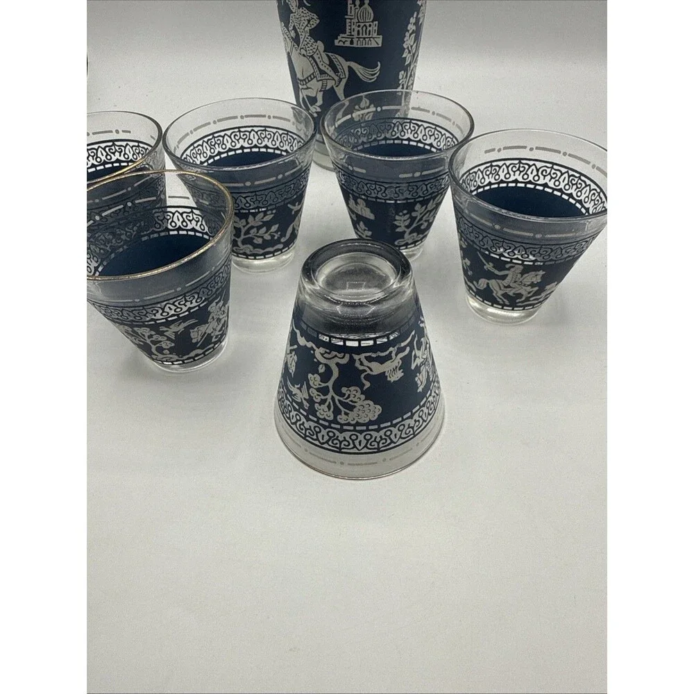 Vintage Hazel Atlas Arabian Knights Cocktail Shaker & 6 Glasses Blue Barware